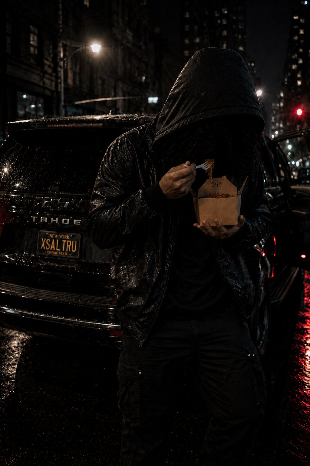 XSALTRU eating beside a black Tahoe on a rainy New York night