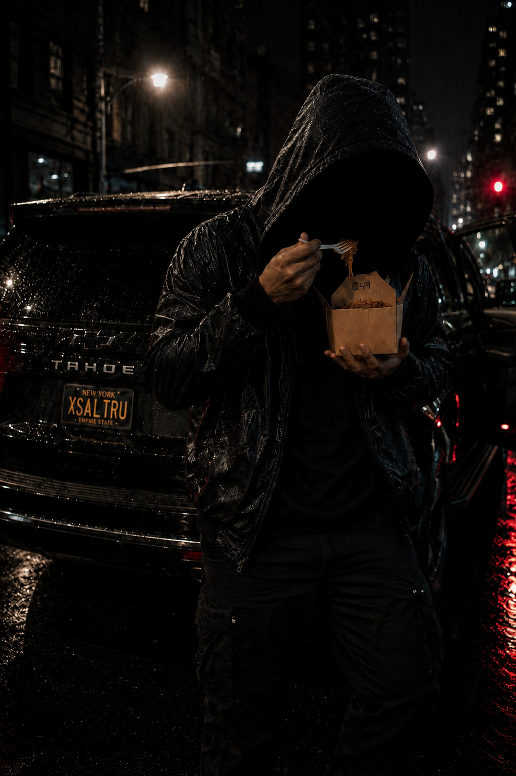 XSALTRU with his face completely concealed beneath a rain-soaked hood beside the branded SUV